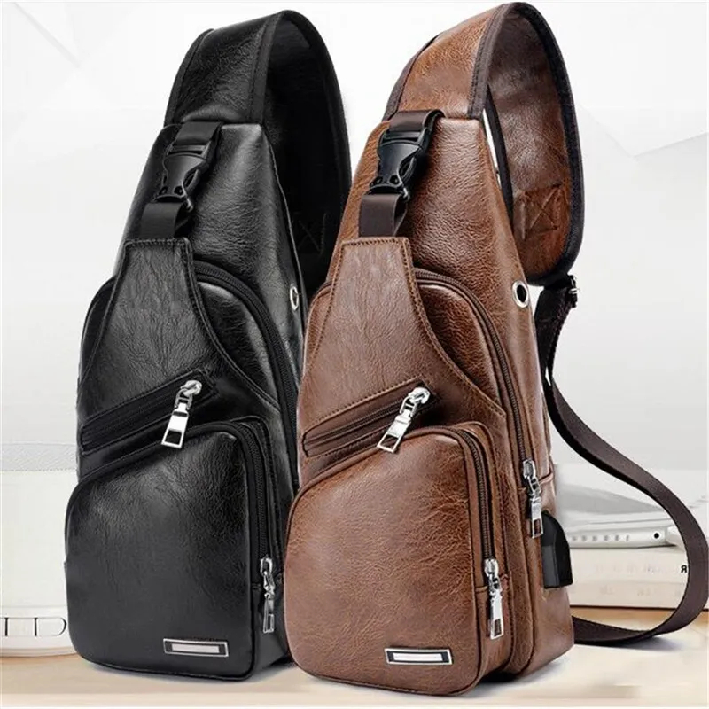 Men's USB Chest Bag Designer Messenger Crossbody Package PU Leather Shoulder Bag