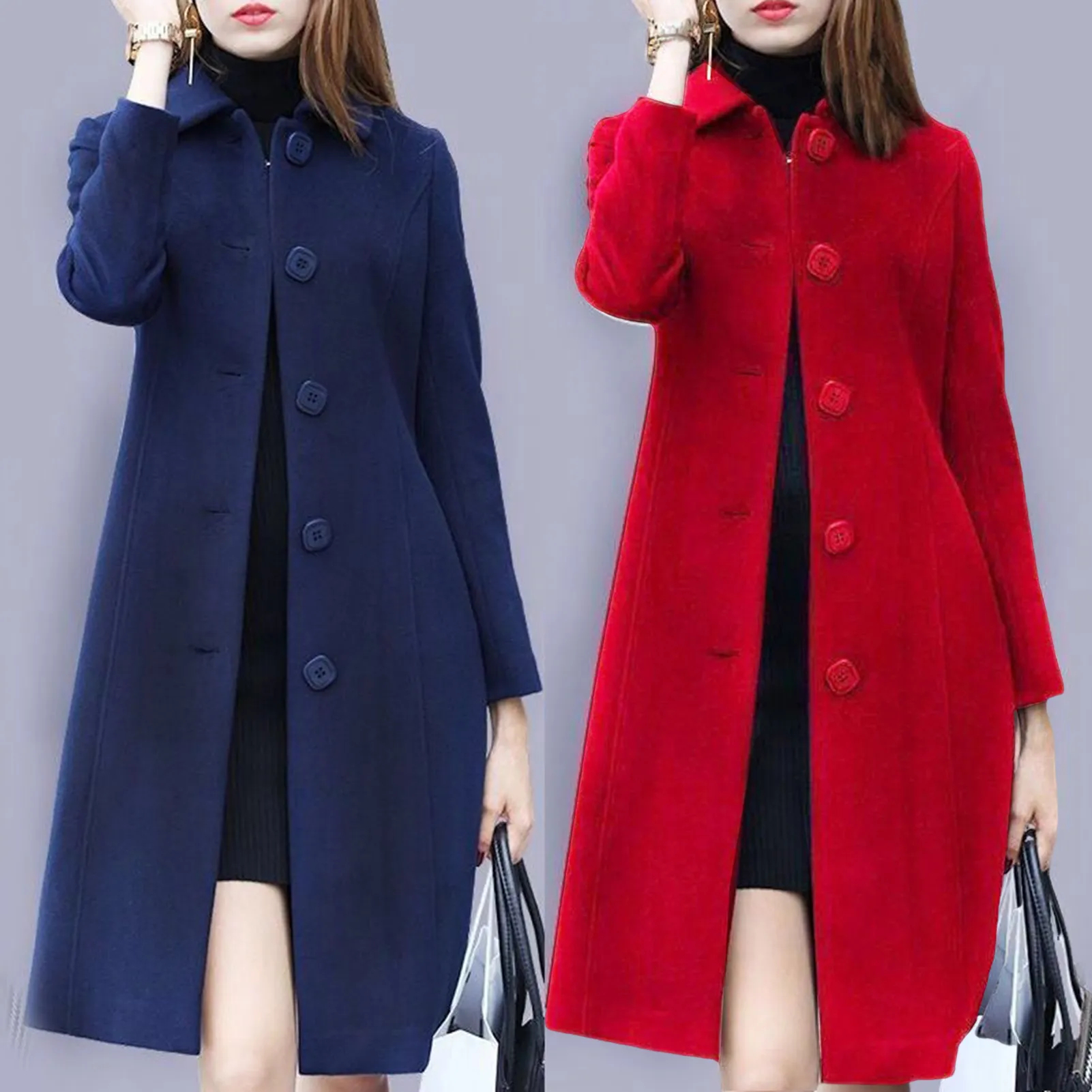 S-4XL Autumn Women Coat Mid-Length Single-Breasted Solid Color Turn-down Collar 