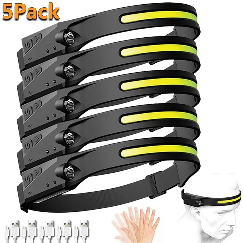1~20Pack Headlamp USB Rechargeable LED Sensor Flashlight XPE+COB Torch Camping W