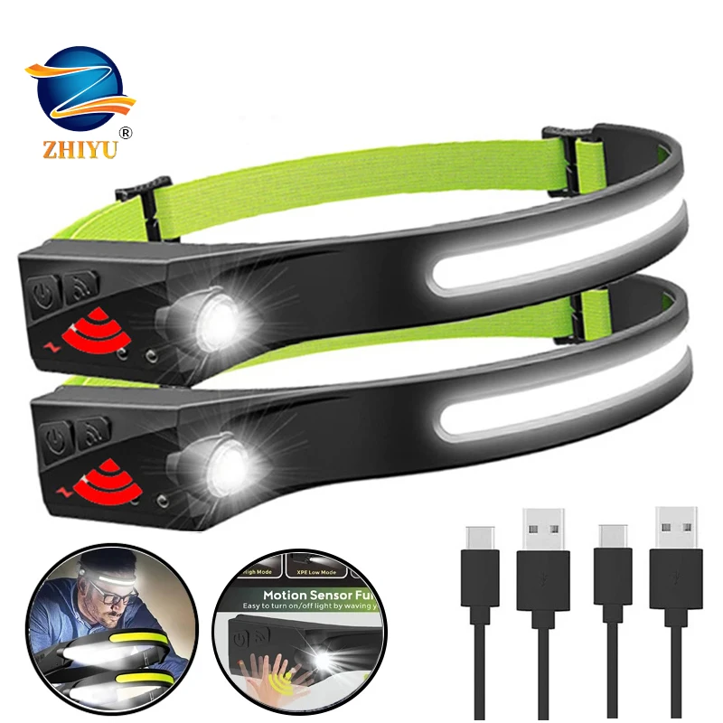 1~2PCs Work Light Sensor COB LED Headlamp Camping Headlight outdoor Flashlight U