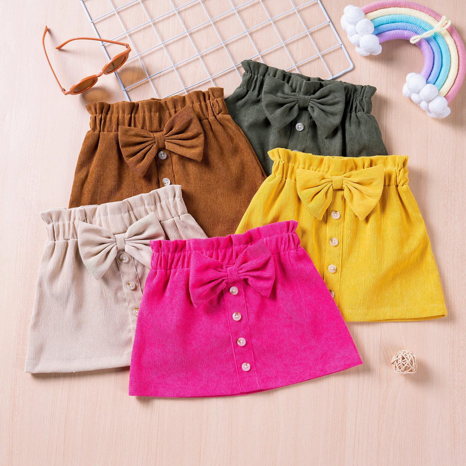 1-5Y Children Kid Baby Girls Skirts Cute Bow Button A-Line Skirts Autumn Spring 