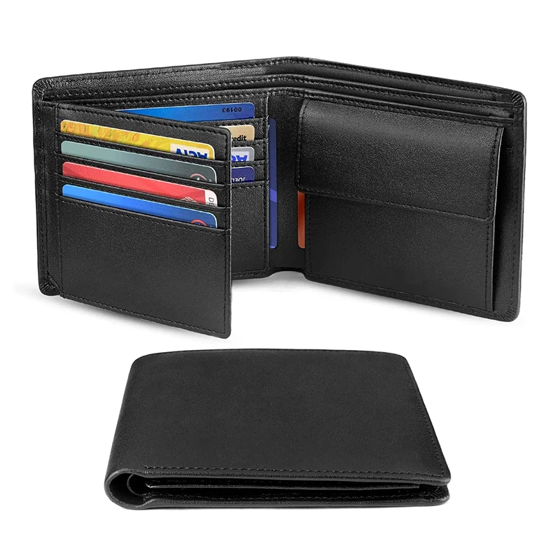 100% Genuine Leather RFID Blocking Slim Trifold Men Wallets with Coin Pocket and