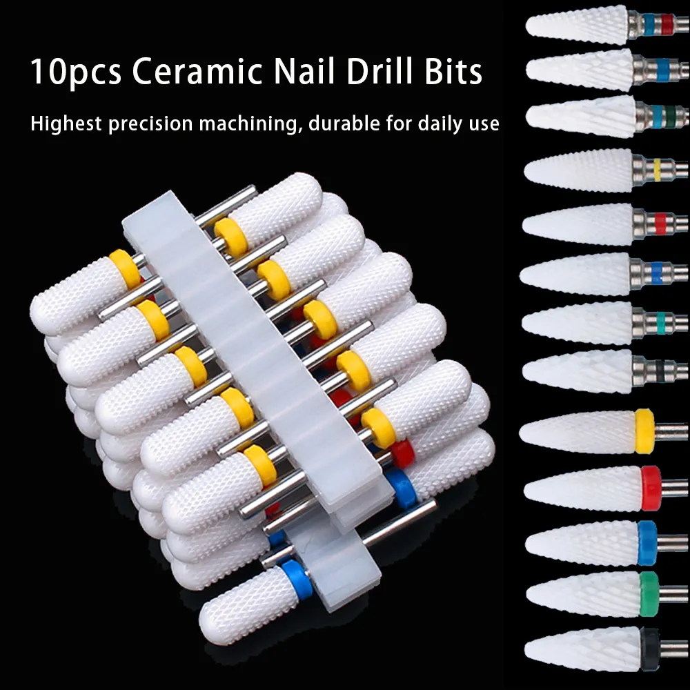10pcs Ceramic Nail Drill Bits Set Milling Cutter for Electric Manicure Bit Flame