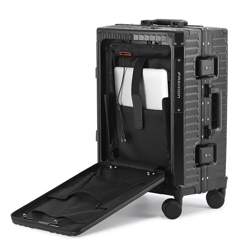 20 Inch Aluminum Frame Suitcase Trolley Box Multifunctional Front Open Lid Trave