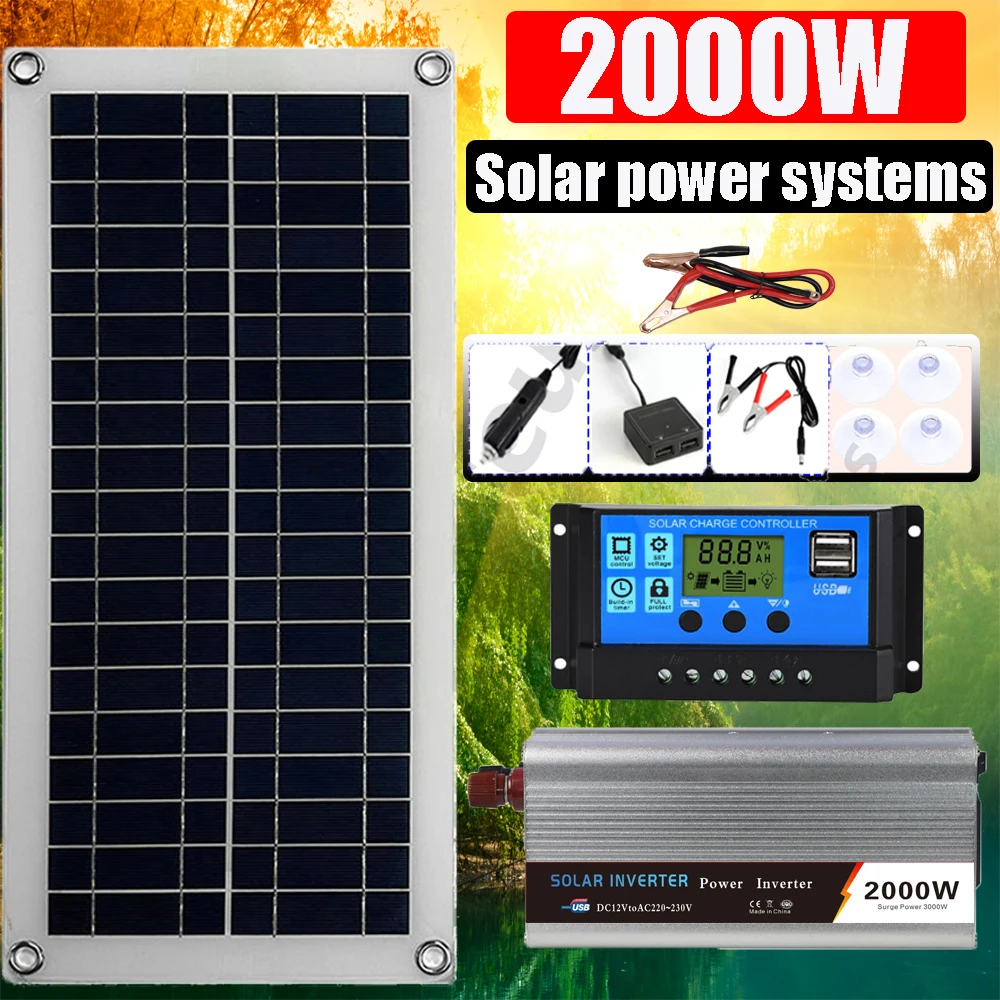 2000W Solar Power System Solar Panel Kit 12V Solar Battery 10A-60A Controller So