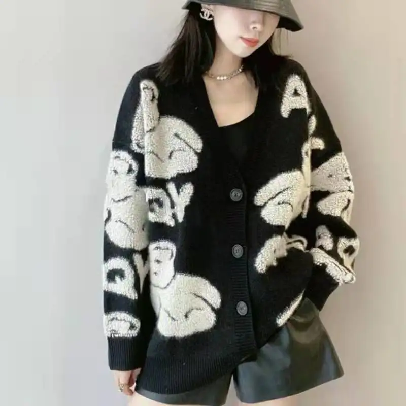 Autumn Winter New Bear Jacquard Languid wind pure wool cardigan sweater sweater 