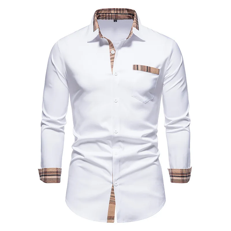 Autumn/winter New Casual Men's Checkered Shirt Splice Men's Long Sleeve Shirt