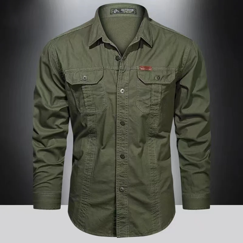 Cargo Shirt for Men Long Sleeve Casual Cotton Shirts High Ouality Camisa Militar