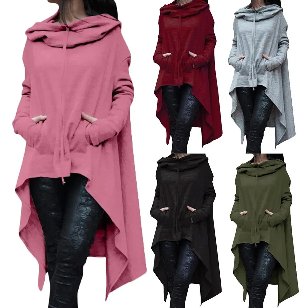 2023 New Women Hoodies Solid Color Asymmetric Hem Drawstring Hooded Sweatshirt L
