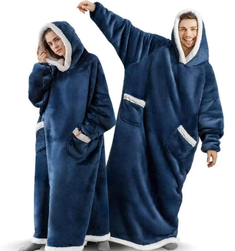 Super Long Flannel Blanket with Sleeves Winter Hoodies Sweatshirt Women Men Pull