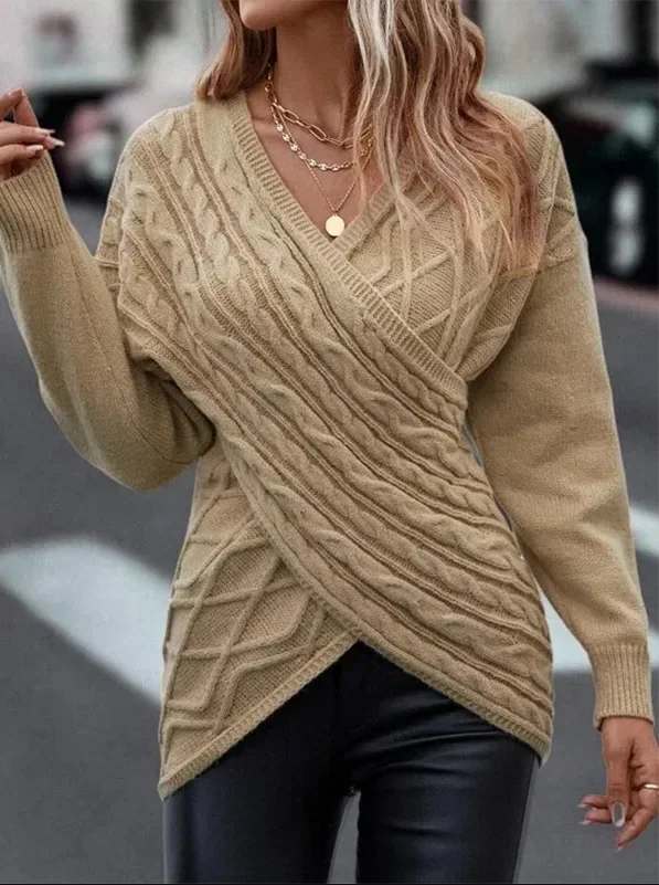 2023 V-neck Knitted Sweater Women Off Shoulder Pullovers Spring Warm Warm Cross 