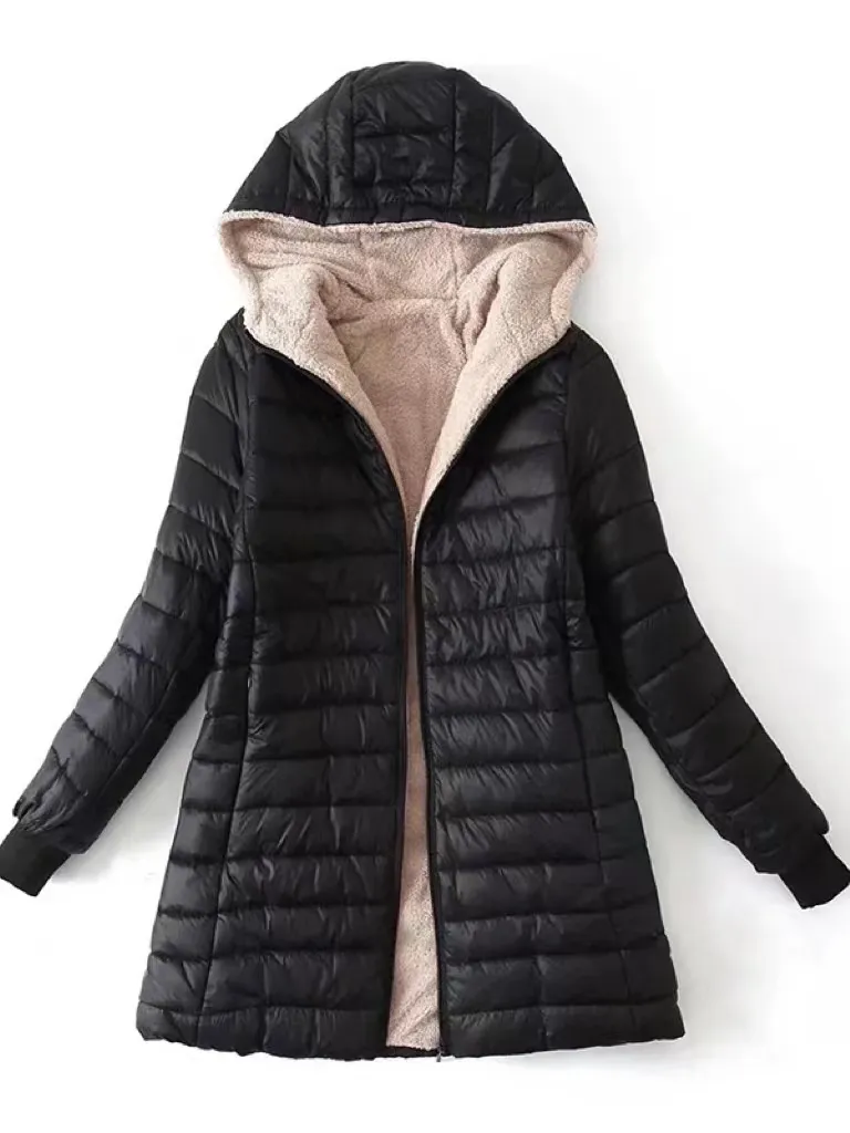 Winter Mid-Length Hooded Cotton Jacket Women Autumn Lightweight Plush Lining Sol