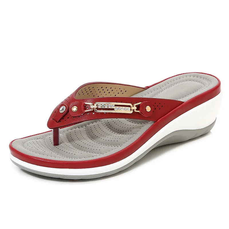 2023 Women's Slippers Summer New Fashion Metal Button Slides Shoes Wedge Beach S
