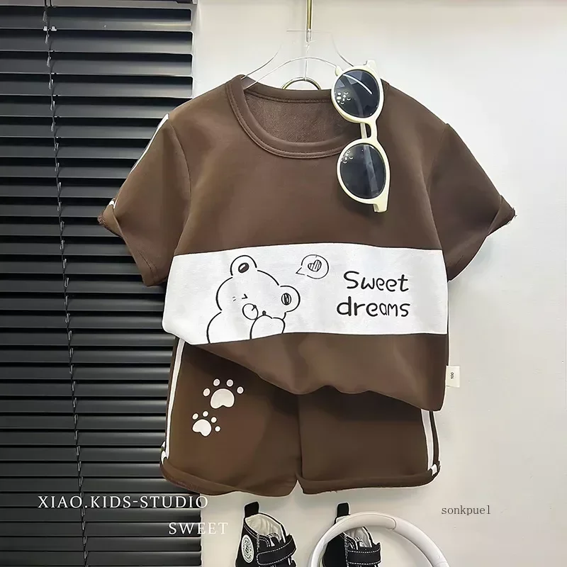 2024 New Kids Short Sleeve Suit Striped Girls Boys Set Summer Tops +short Baby C
