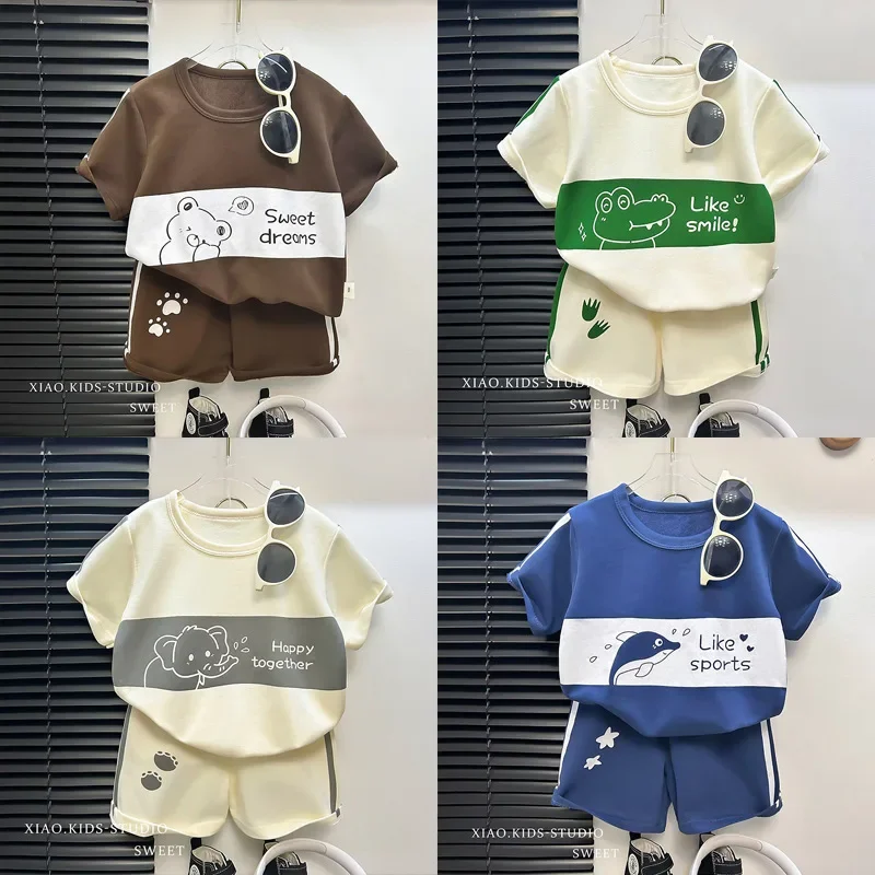 New Kids Short Sleeve Suit Striped Girls Boys Set Summer Tops +short Baby Clothe