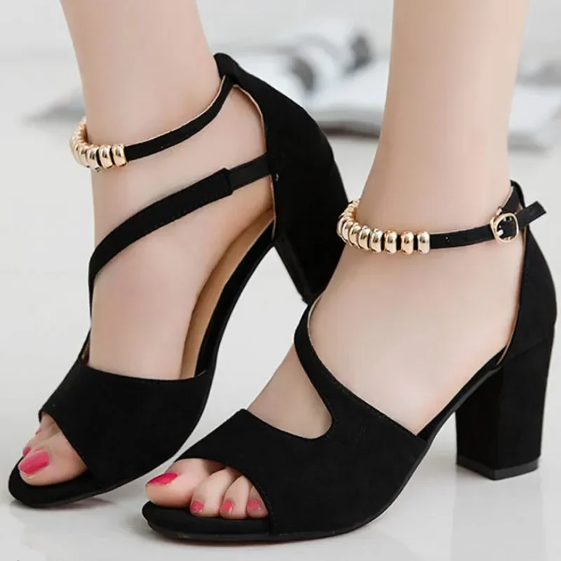 Spring Summer Sexy Fish Mouth Hollow Roman Sandals Thick With Word With Beaded H