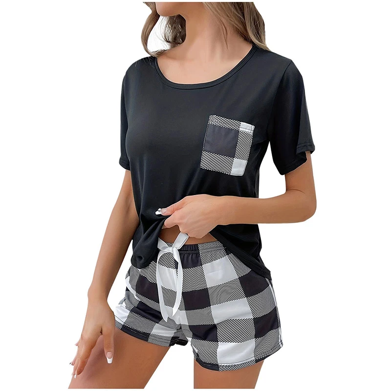Two Piece Women's Black Checkered Casual Sleepwear Set Women's Short Sleeved T-S