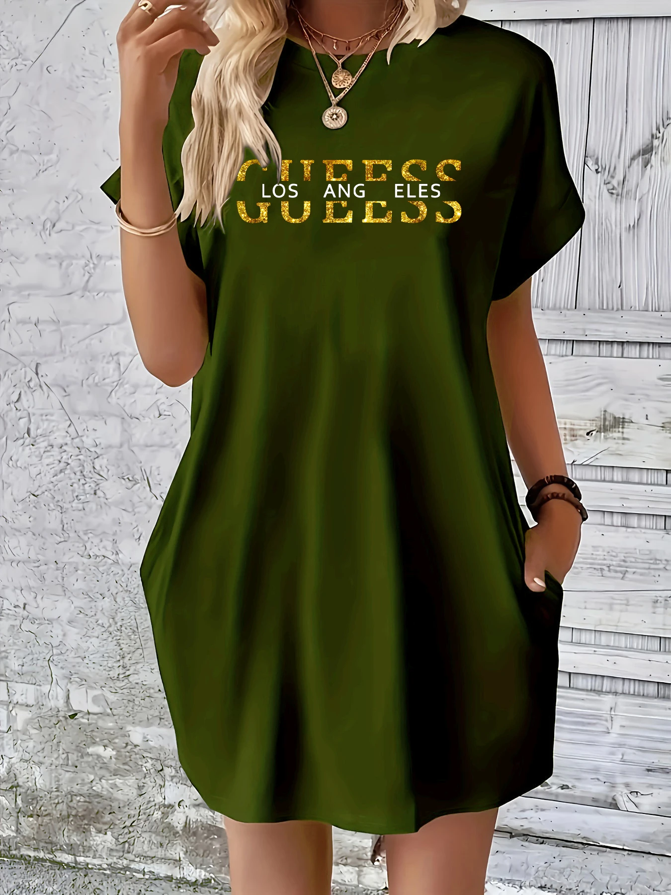 Ladies' summer loose GUEESS Los Angeles letter pattern print round neck short sl