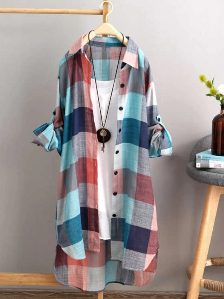 Women's Plaid Cotton Shirt Chic Women Blouse Elegant and Youth Women's Blouses N