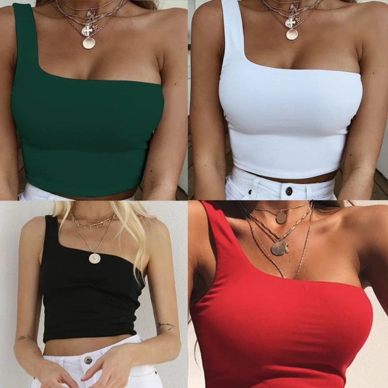 Women Lady Female One Shoulder Crop Tops Sleeveless T-Shirt Tank Tops Summer Bea