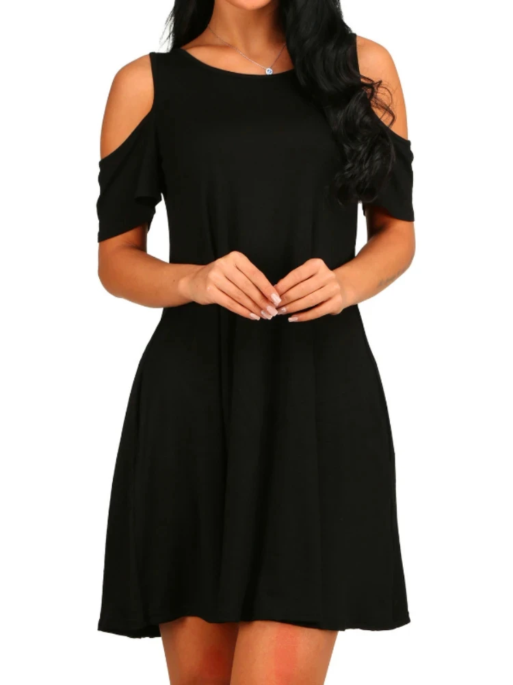 Sexy Elegant Dress Vintage Off Shoulder Short Sleeves Loose Dress Women Solid Co