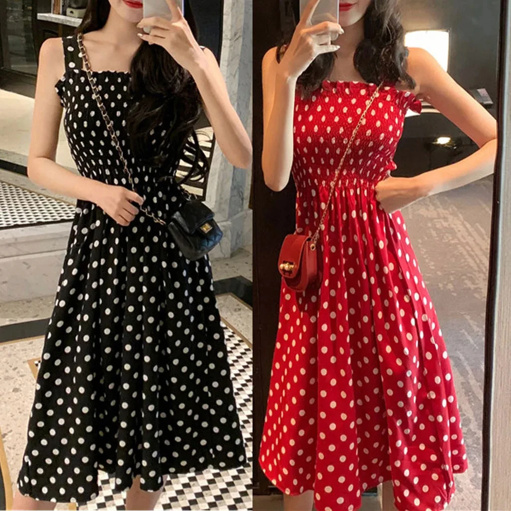Women's Dresses Summer Fashion Loose None Sleeve Polka Dot Shoulder Plus Size Ca