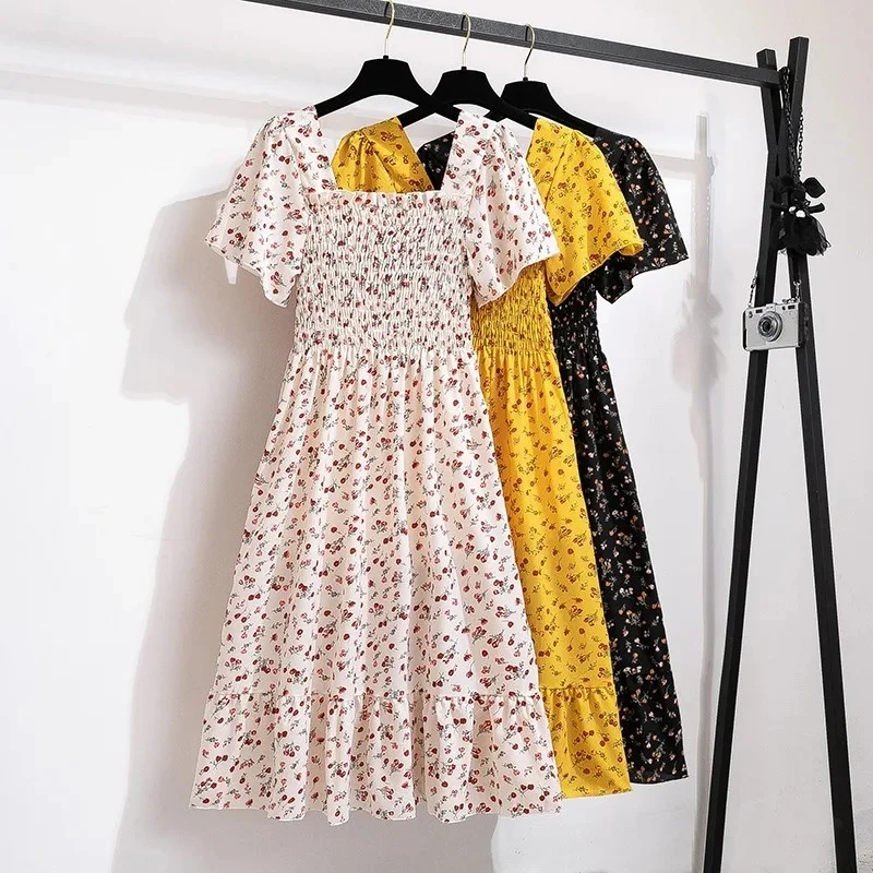 Spring Summer Chiffon Dress Women Midi DressesFemale Short Sleeve Elastic Waist