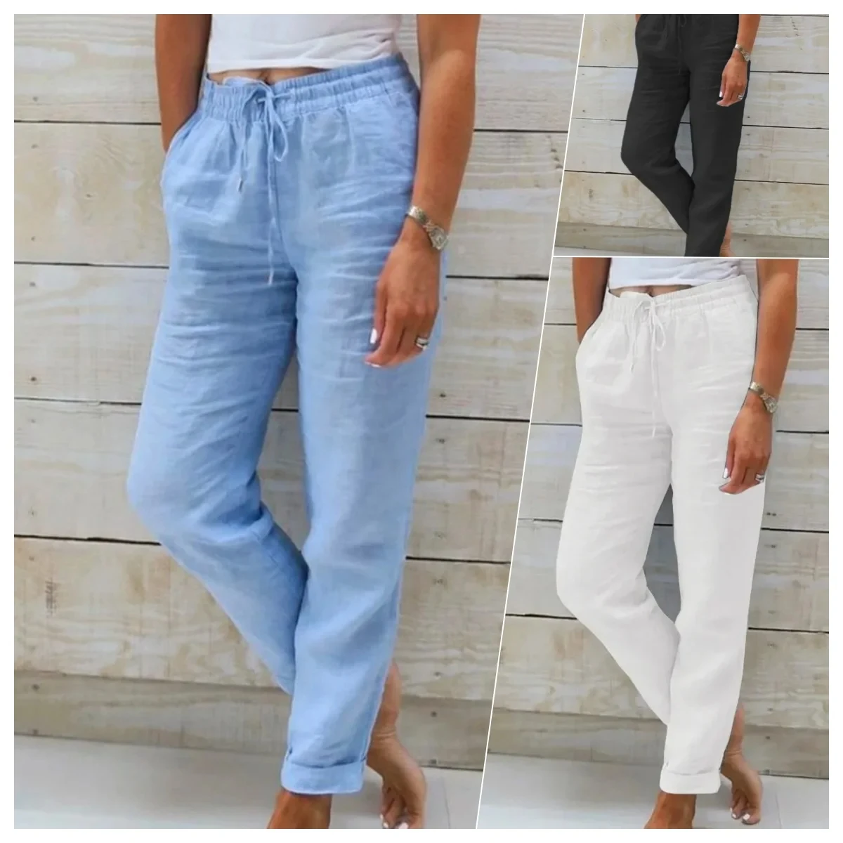 Cotton Linen Summer Pants for Women High Waist Elastic Casual Trousers Streetwea