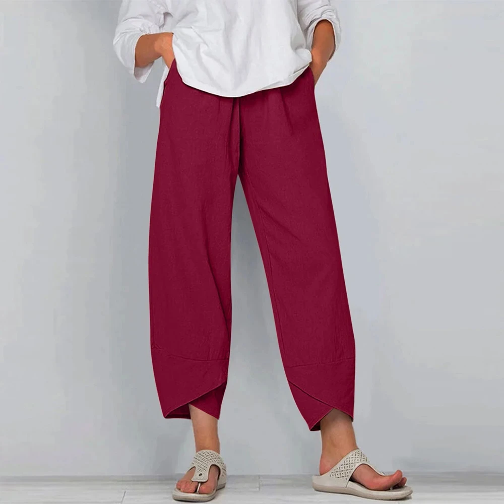 Women Cotton Linen Harem Pants Vintage Printed Wide Leg Trousers Casual Solid Po