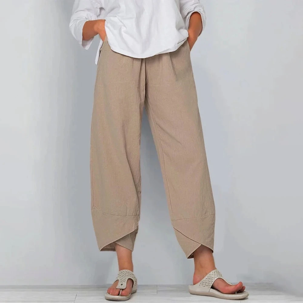 Women Cotton Linen Harem Pants Vintage Printed Wide Leg Trousers Casual Solid Po