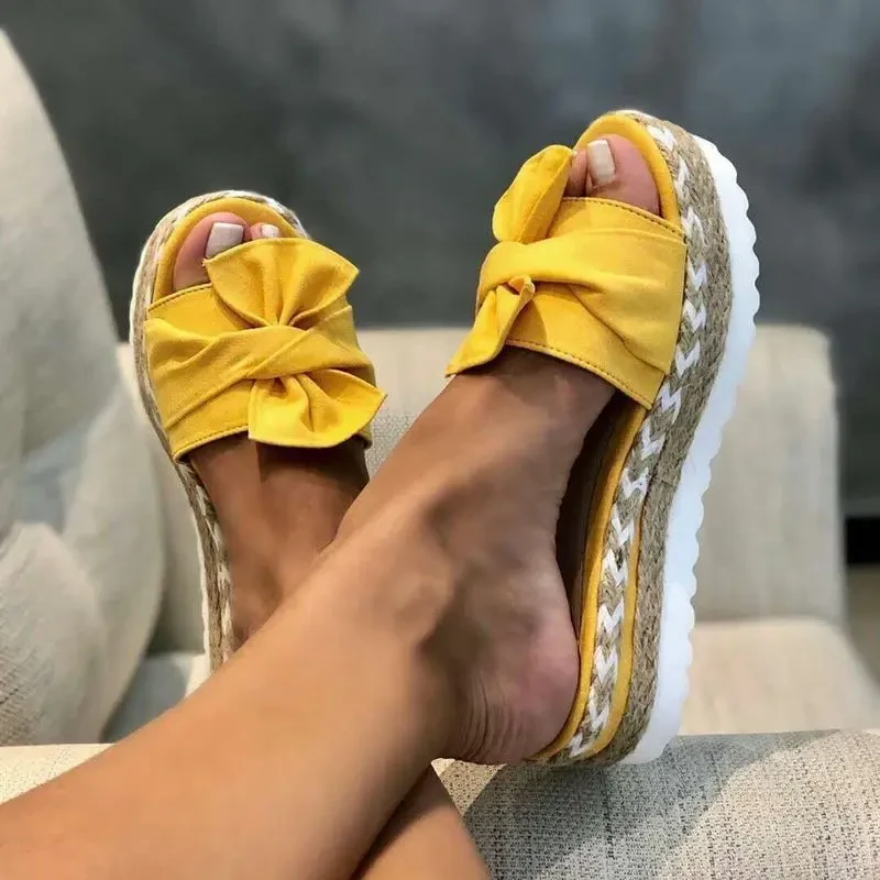 Women Slippers Summer Platform Wedges Mid Heels Bow Tie Peep Toe Fashion Slides 