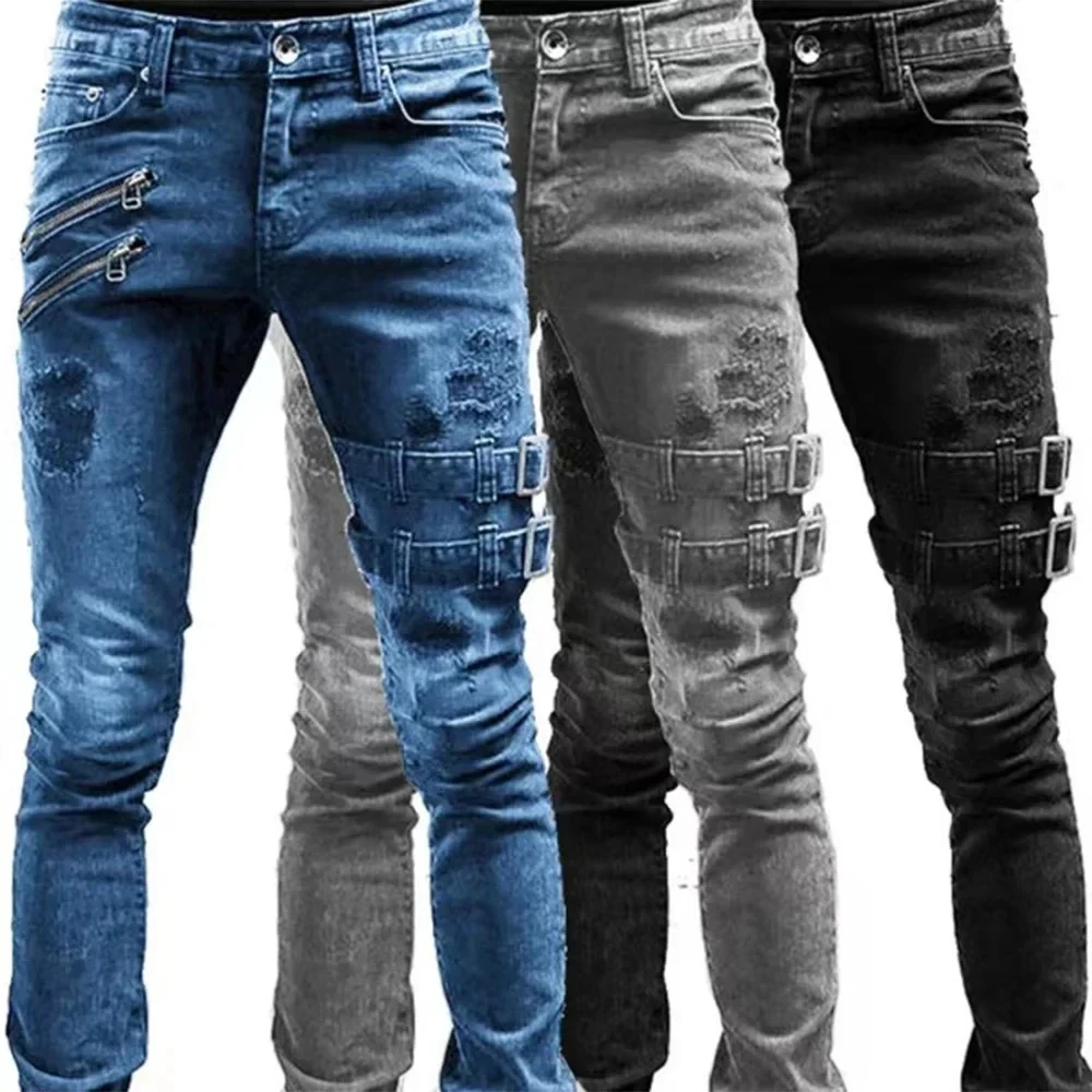 Retro Moto Biker Straight Elastic Jeans Men Zipper Hole Streetwear Punk Skinny D