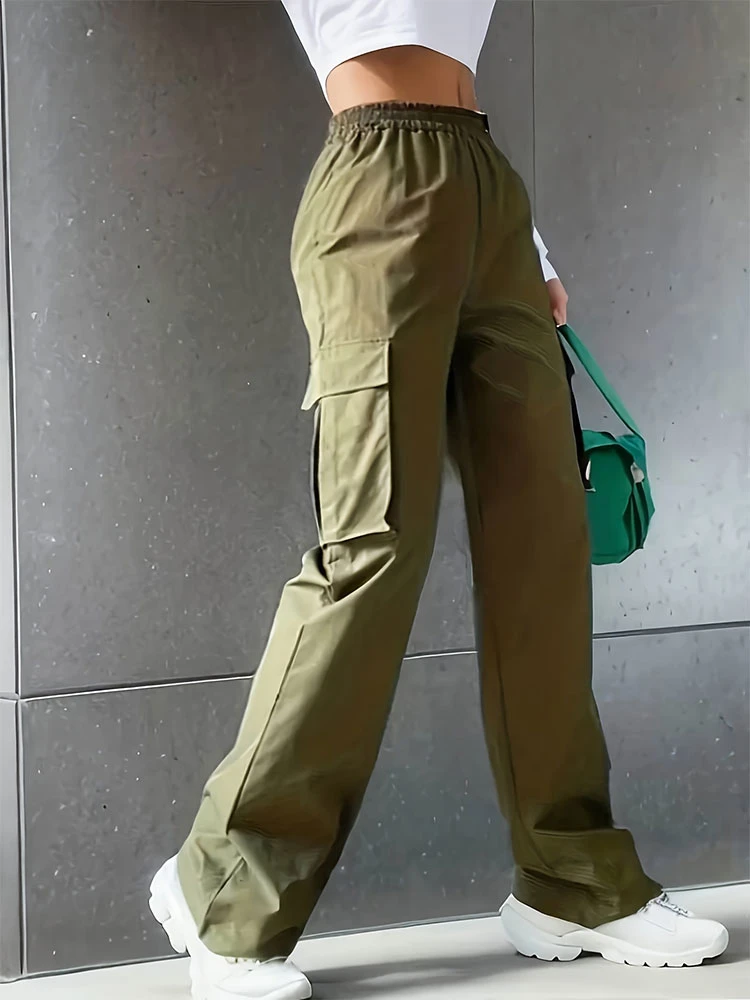 Elastic Waist Fashionable Workwear Pants High Waist Wide Leg Pants Loose Solid C