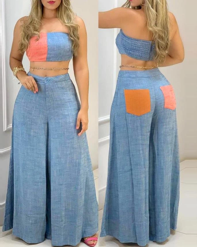 Two Piece Sets Womens Outifits Summer Fashion Colorblock Bandeau Sleeveless Shir