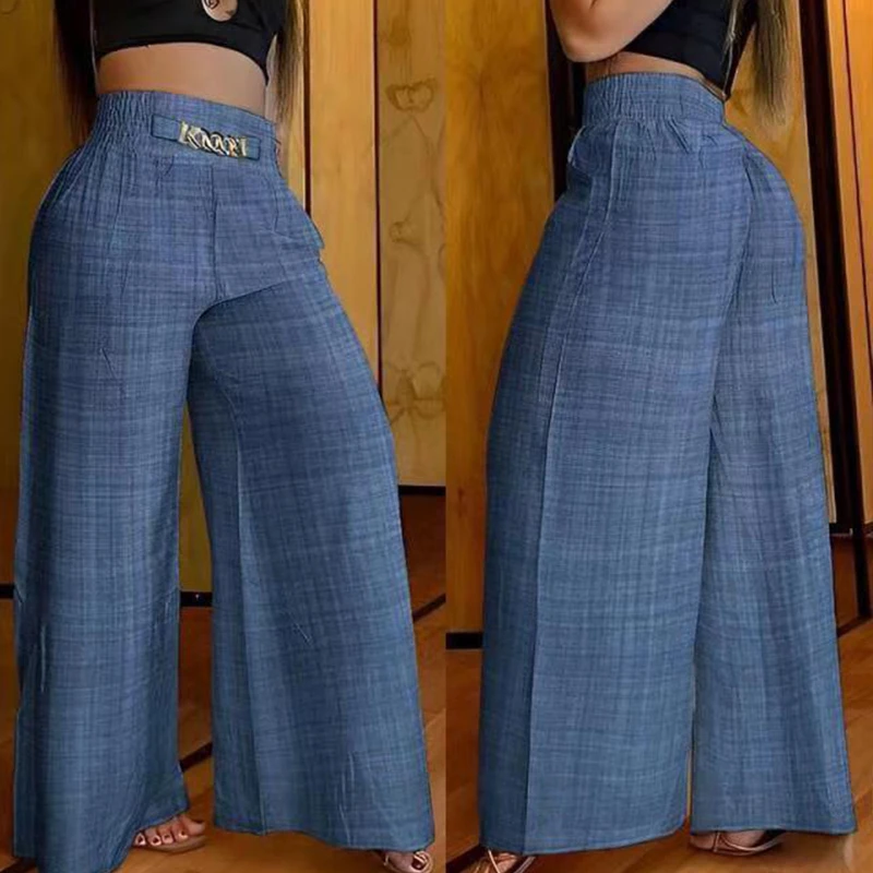High Waist Solid Color Wide Leg Pants Summer Chic Loose Elegant Metal Flared Pan
