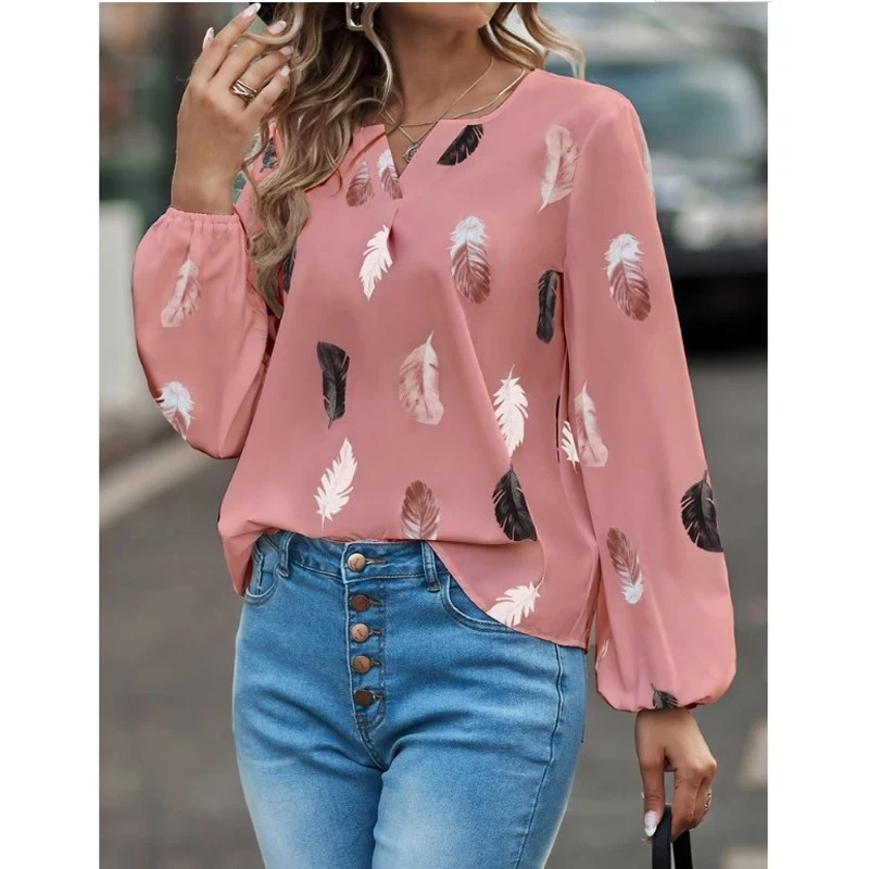Fashion Woman Blouse Shirts For Women Stylish Top long Sleeve Feather Pattern Fe