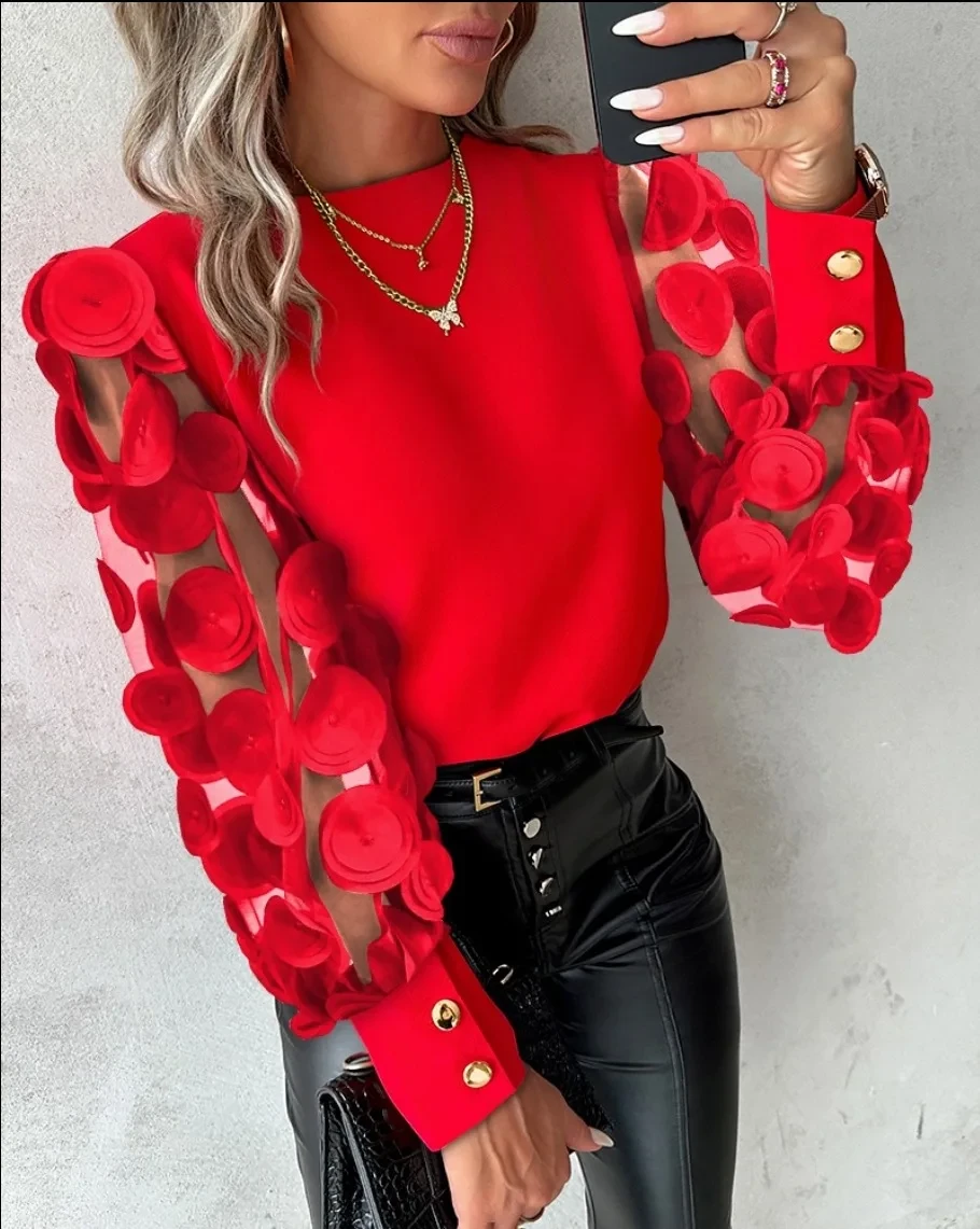 Fashion Lantern Sleeve Button Splicing Shirt Women Elegant Office Commuter O Nec