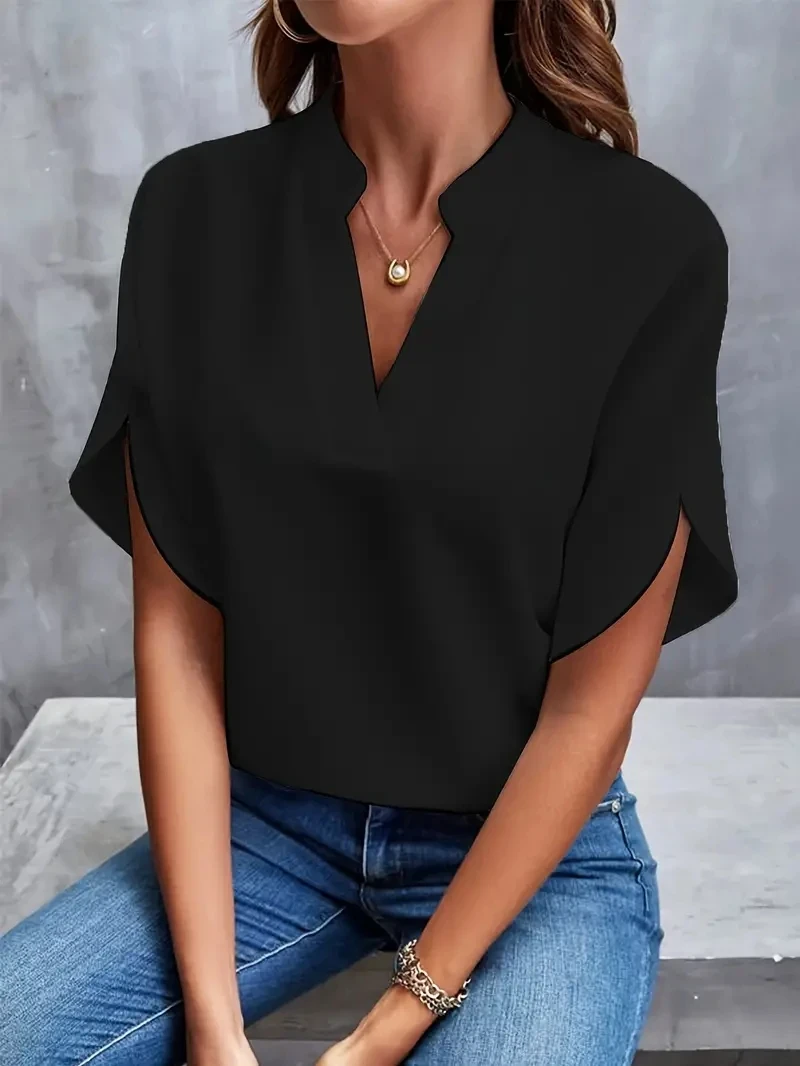 Women Elegant Solid Chiffon Blouse Spring Summer Casual Long Sleeve V-neck Loose