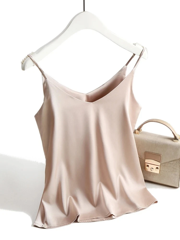 Spaghetti Strap Top Women Halter V Neck Basic White Cami Sleeveless Satin Silk T