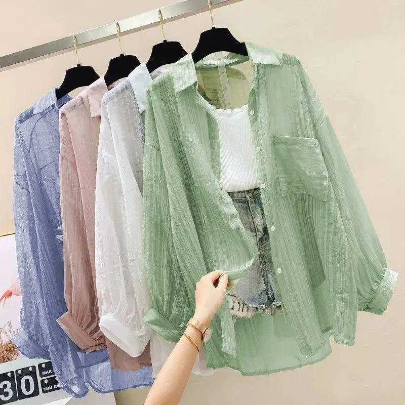Summer Sunscreen Shirt Elegant Perspective Thin Chiffon Blouse Korean Harajuku S