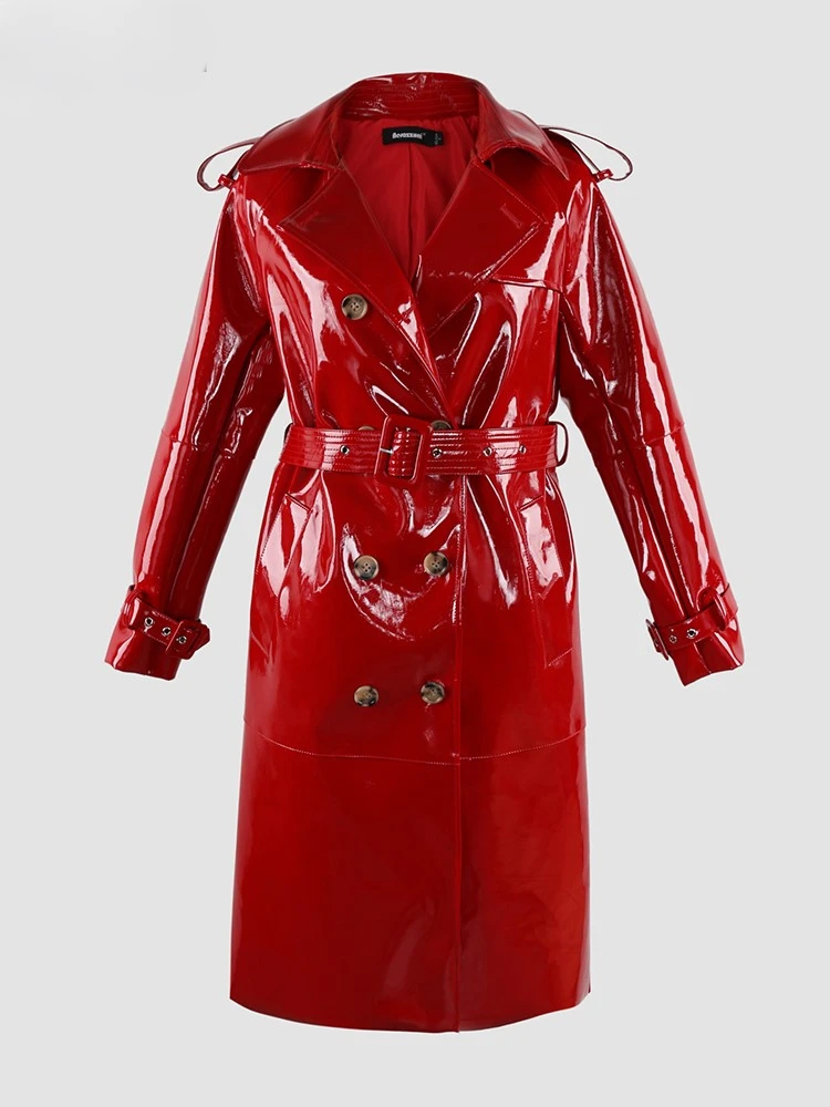 Autumn Long Shiny Black Red Patent Pu Leather Trench Coat for Women Belt Double 