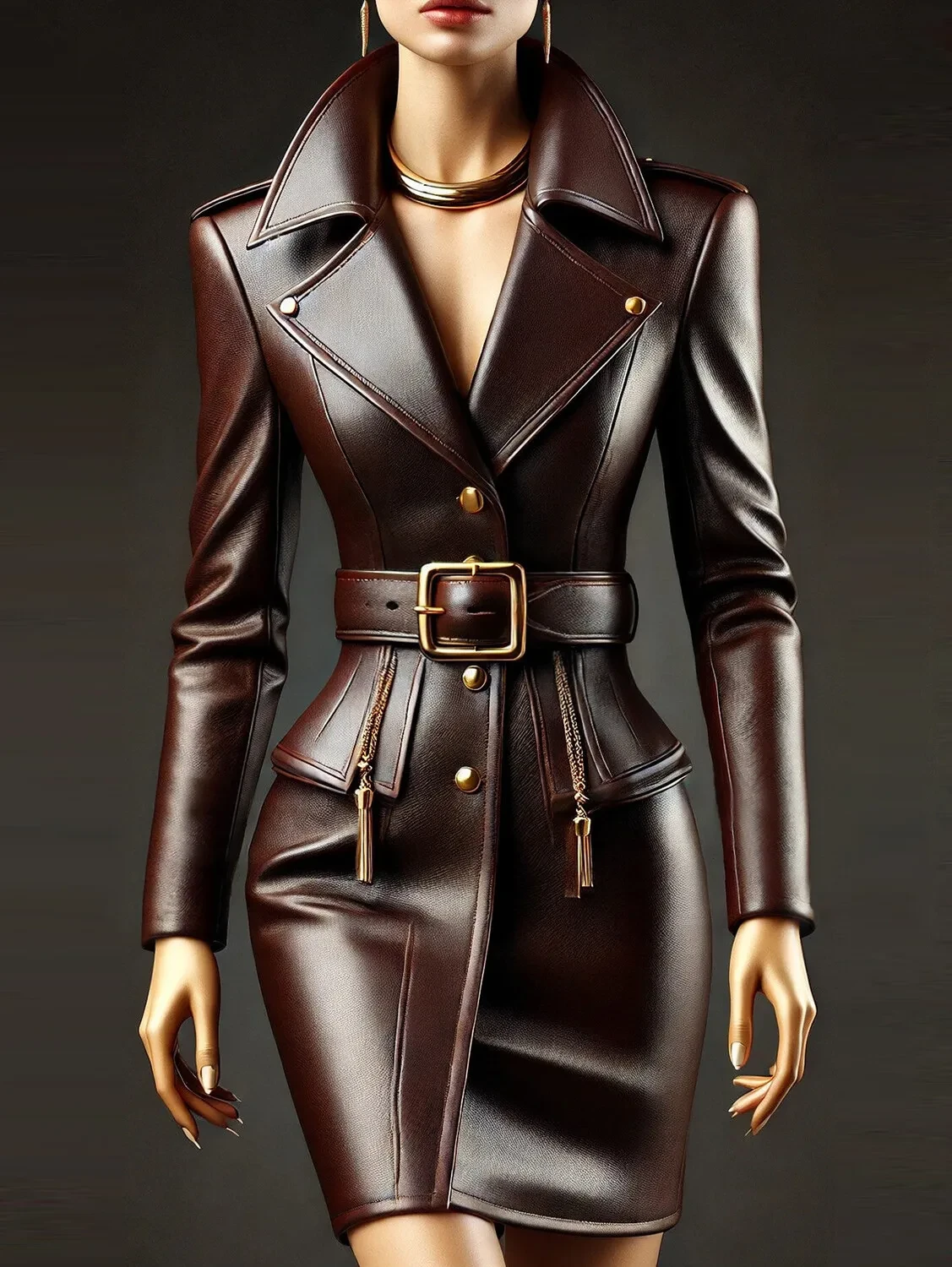 Women PU Leather Dress Lapel Collor Button Long Sleeve with Belt Chic Vintage Po
