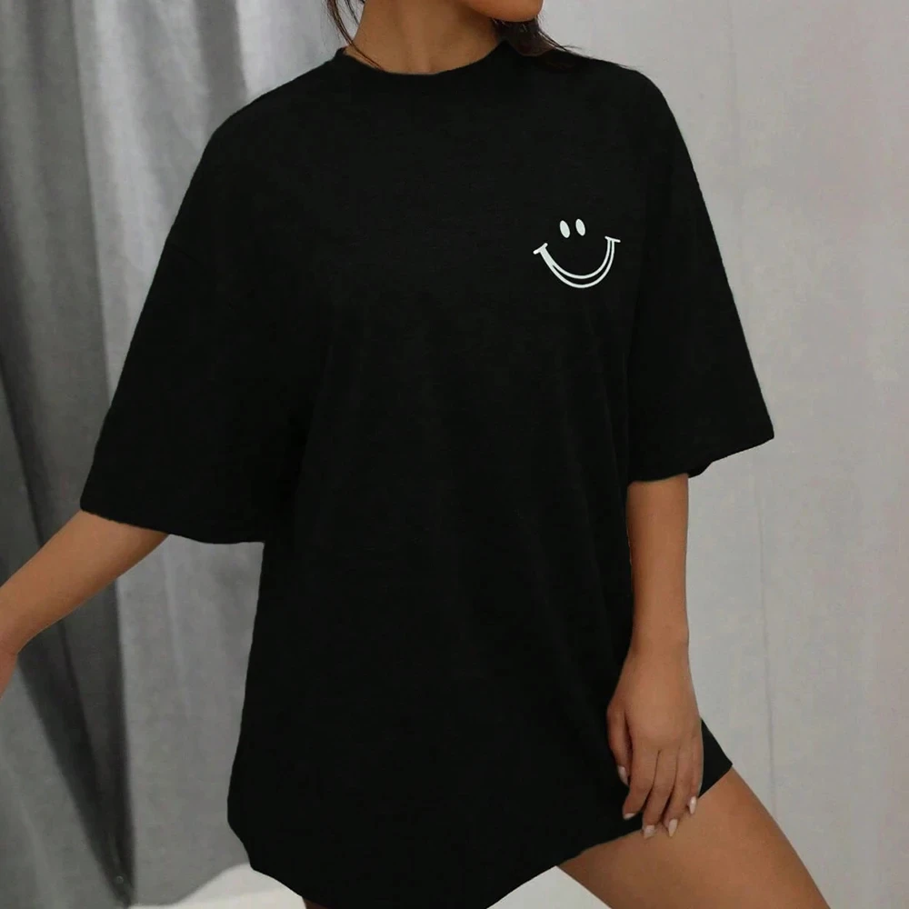 Happy Expression Printed Womens Cotton Short Sleeve Street Hip Hop Tee Clothing 