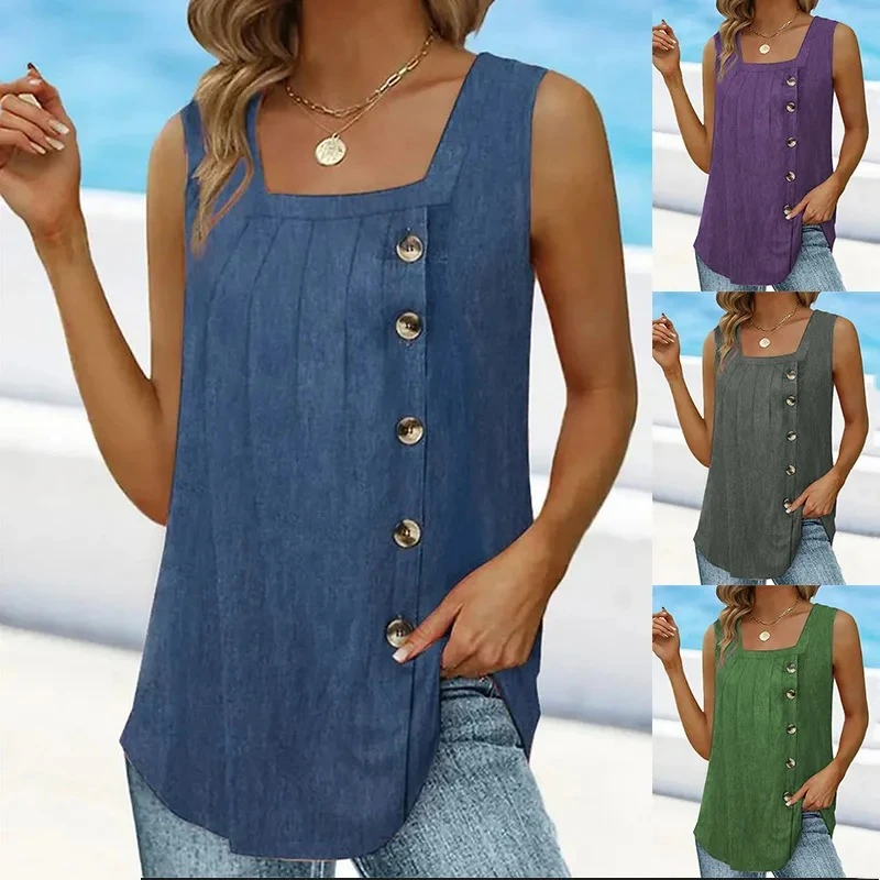 Summer New Women's Pleated Square Neck Sleeveless Swallowtail Button Tank Top fo