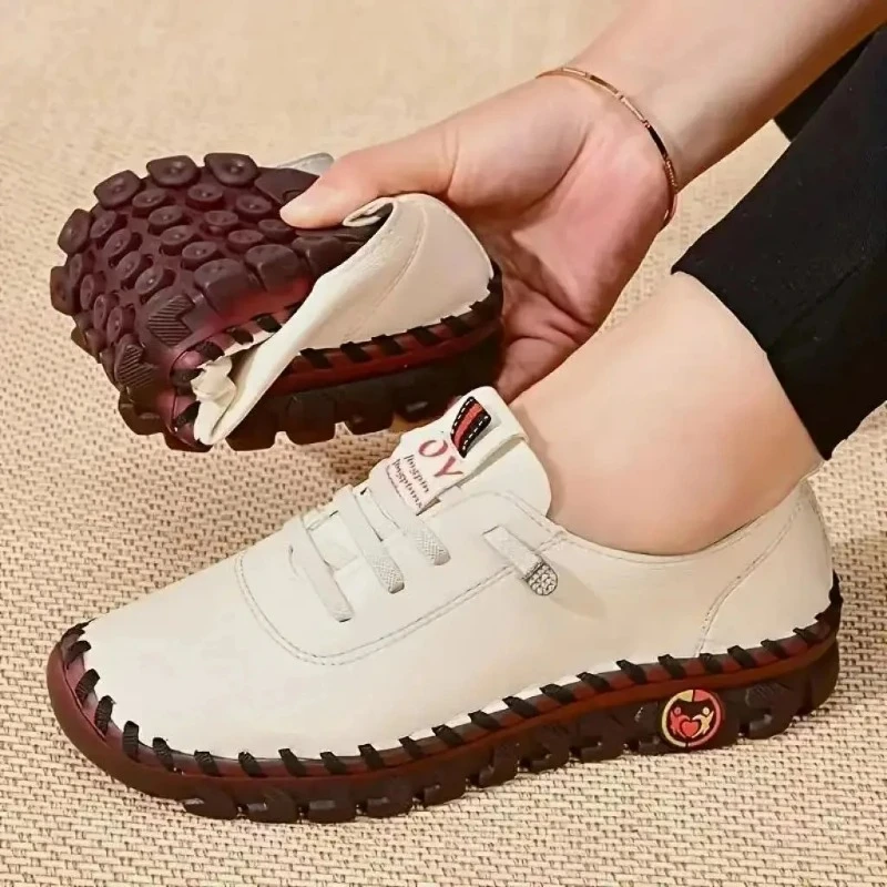 Casual Women Shoes Platform Loafers Lace Up Leather Flats Slip-On Mom Shoe