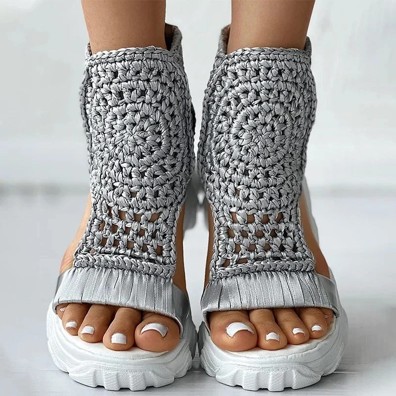 Sandals Women Braided Geometric Wedge Knitted Elastic Summer Shoes Mesh Flat Hol