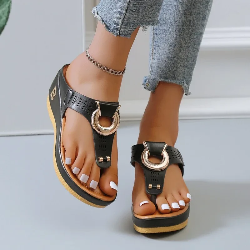 Summer Sandals Women New Open Toe Beach Shoes Flip Flops Wedges Comfortable Slip