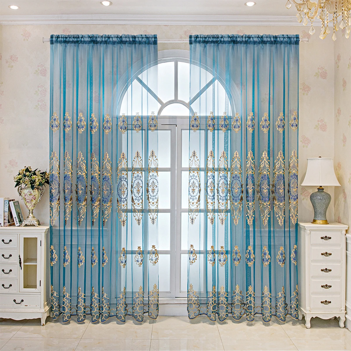 1pc Geometric Pattern Embroidery Curtain for Living Room Rod Pocket, European Lu