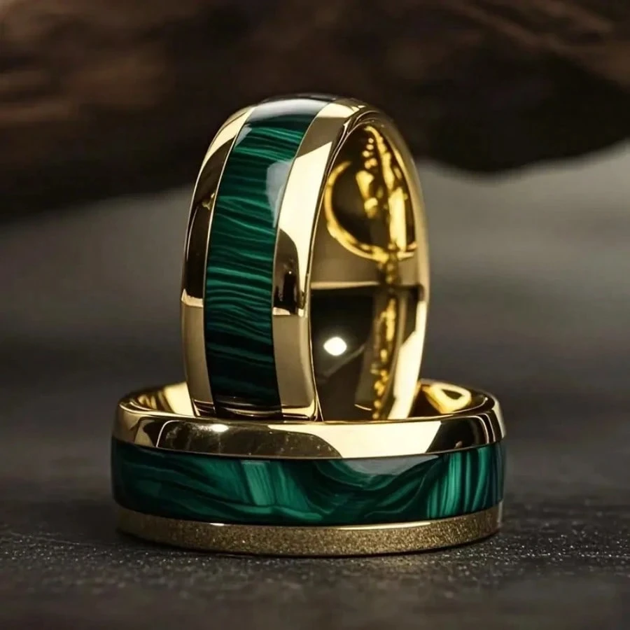 8MM Gold Colored Stainless Steel Rings For Men Domed Green Abalone Shell Inlay R