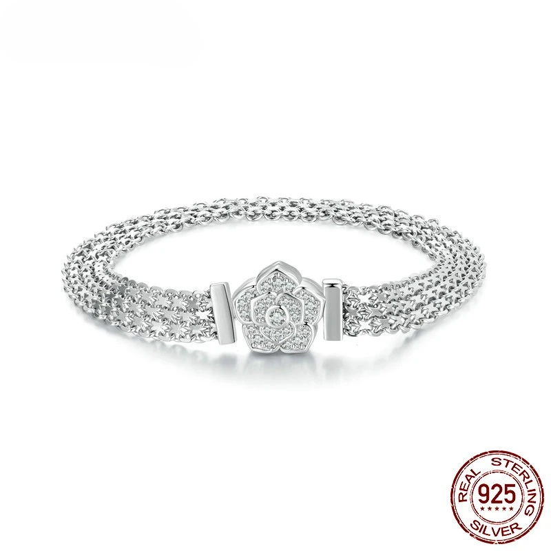 925 Sterling Silver Rose Flower Basic Flat wide chain Bracelet Fit Original Char